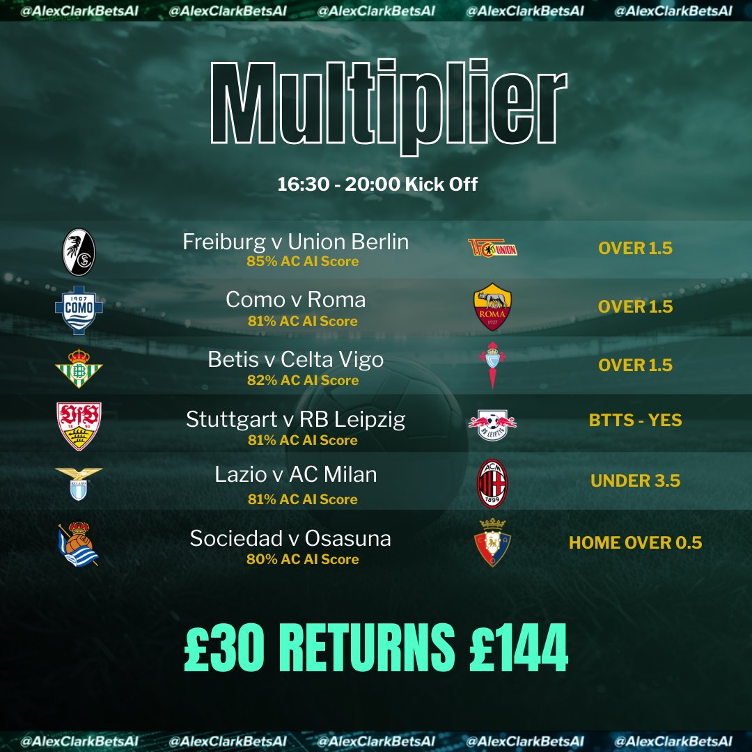 AlexClarkBetsAI's tweet photo. 🚨 Multiplier for today - 4:30pm KO in top game so you have time to get on this. I’m using Dabble for the 1-click COPY function. If you don’t yet have the Dabble App I recommend getting it

👉 Get Dabble App: https://t.co/H5oQKP16T3
🎁 You also get a £10 free bet when you bet £10 https://t.co/eT2K4vgr2X