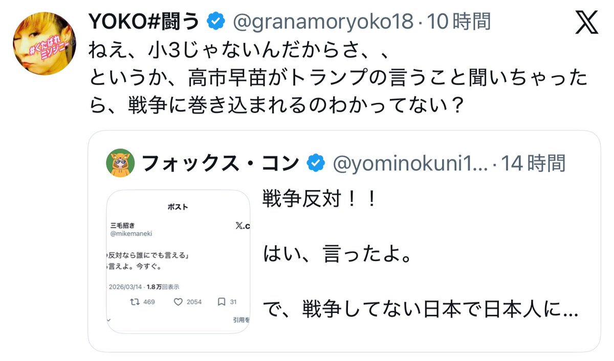 「戦争反対！！」って言ったら左派さん達からブチ切れされてるけど、なんでなん？

戦争してない日本で日本語で日本人に「戦争反対！」って言っても意味ないのは事実やん。