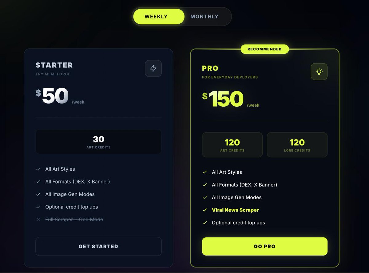 memeforgeapp's tweet photo. Cooking season just got a lot cheaper 🍳👀

Temporary pricing adjustment over at MemeForge because we want absolute chaos in art generation.

⚡ Starter: $50/week
🟢 Pro: $150/week - 300$/month

Generate, scrape viral narrative, deploy. Simple setup, maximal output.

Get your plan now: https://t.co/de6lIvlEOV