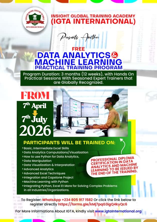 TrainingAc16353's tweet photo. JOIN NOW AND BENEFIT FROM THIS FREE DATA ANALYTICS AND MACHINE LEARNING STARTING FROM 7TH APRIL 2026 ?

Program Duration:
 3 months (12 weeks), with Hands - On Practical Sessions

Join Now and Share this Good News With Others https://t.co/WWR3a7HpQS