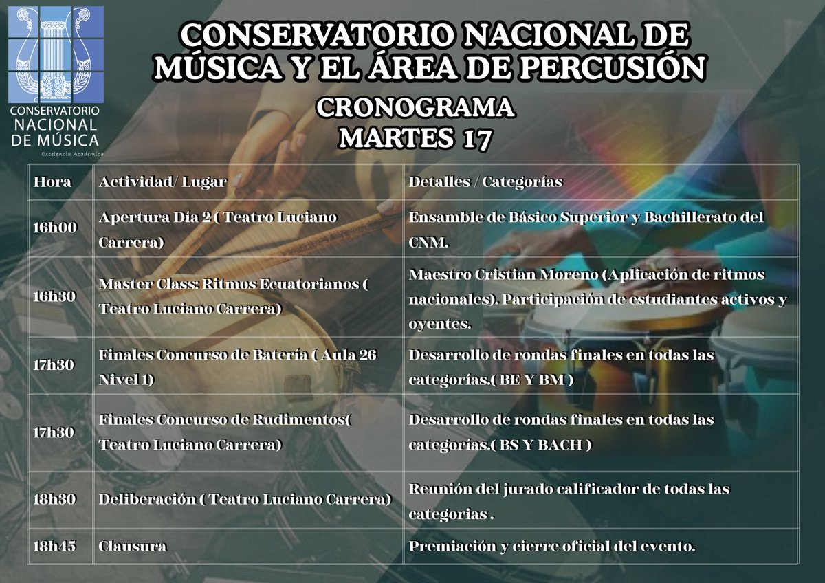 🚨¡ATENCIÓN!🚨
🇪🇨 Festival Concurso 
🥁
C
N
M
#atención
#informativo
#CNM2026 #SoyConservatorio #soycnm #cnm  #Ecuador #Quito #conservatorio  #percusionista  #pedagogía #ElNuevoEcuador #OrquestaEnVivo