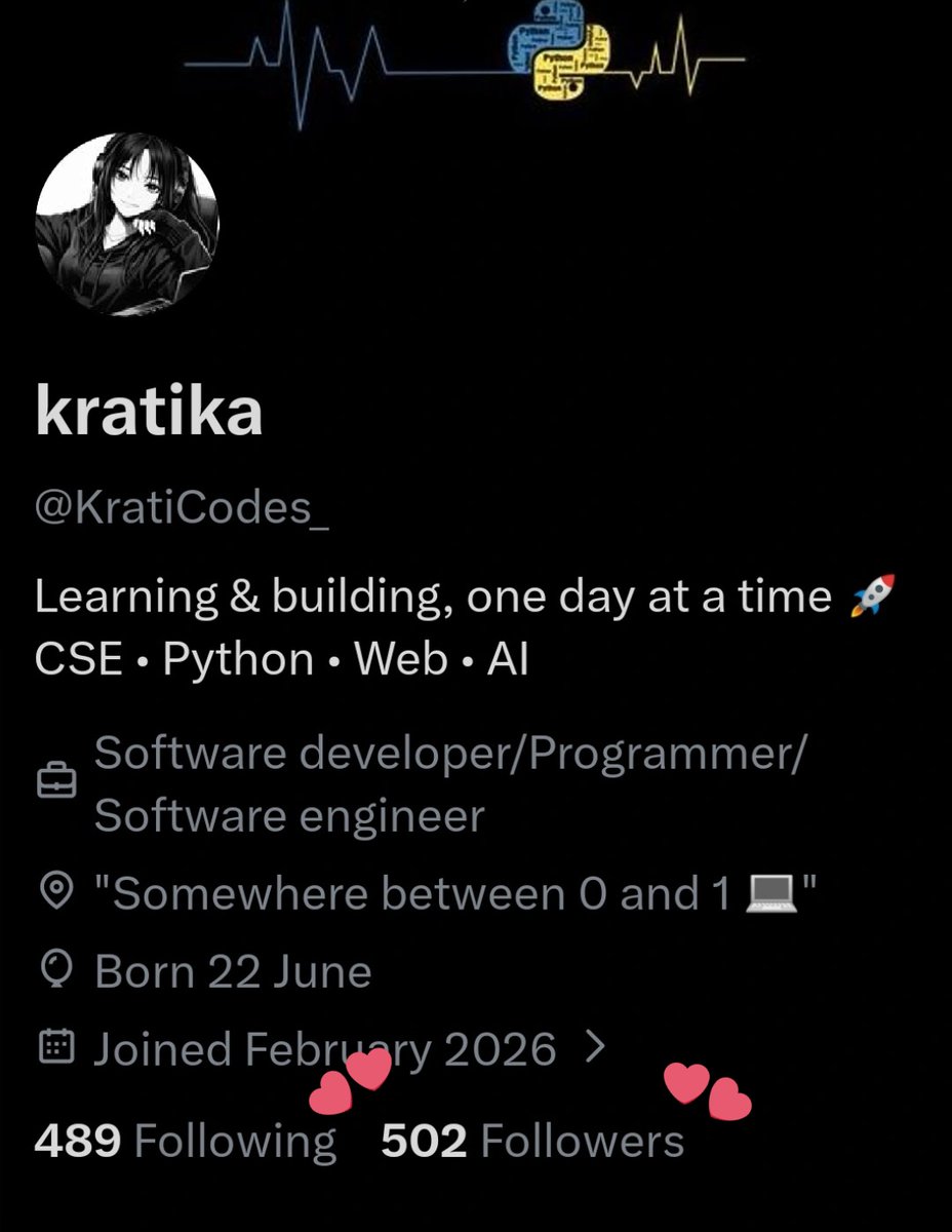 KratiCodes_'s tweet photo. > 500 followers already?! 🎉
No laptop.
Just a phone, slow progress, and daily consistency.
Proof that you don’t need perfect resources to start - just consistency.
Thank you for being part of my journey ❤️✨
#KeepLearning #PythonJourney https://t.co/IseTVxTKEJ