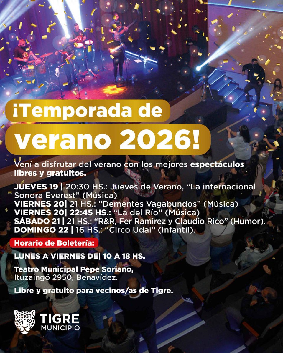 𝙏𝙀𝙈𝙋𝙊𝙍𝘼𝘿𝘼 𝘿𝙀 𝙑𝙀𝙍𝘼𝙉𝙊, 𝙈𝙊𝘿𝙊 𝙊𝙉! ☀️

🎭 Viví el verano en el Teatro Municipal Pepe Soriano con los mejores espectáculos, libres y gratuitos para toda la comunidad. 

🎟 𝐇𝐨𝐫𝐚𝐫𝐢𝐨𝐬 𝐝𝐞 𝐁𝐨𝐥𝐞𝐭𝐞𝐫𝐢́𝐚
Lunes a Viernes → 10 a 18 horas.