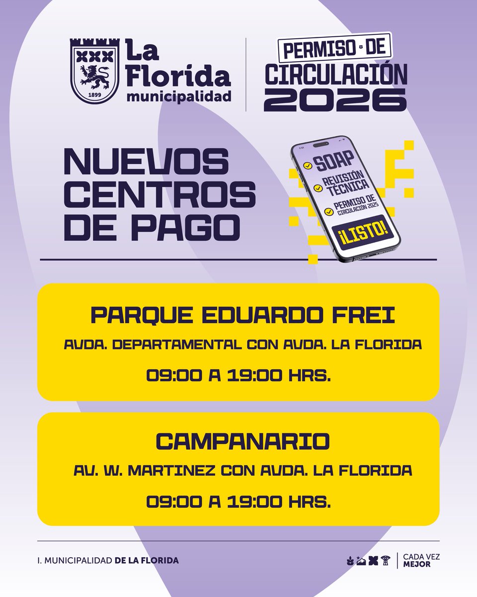 MuniLaFlorida's tweet photo. Seguimos sumando más Centros de Pago del #Permiso2026 en La Florida; ¡ahora son 15! 😱

Más cerca para que puedas hacer el trámite lo antes posible. Y si no quieres salir de tu casa, también puedes pagar en https://t.co/QST6229hZd 📱

Con tu permiso, #CadaVezMejor 💚 https://t.co/YfmaHcOT2J