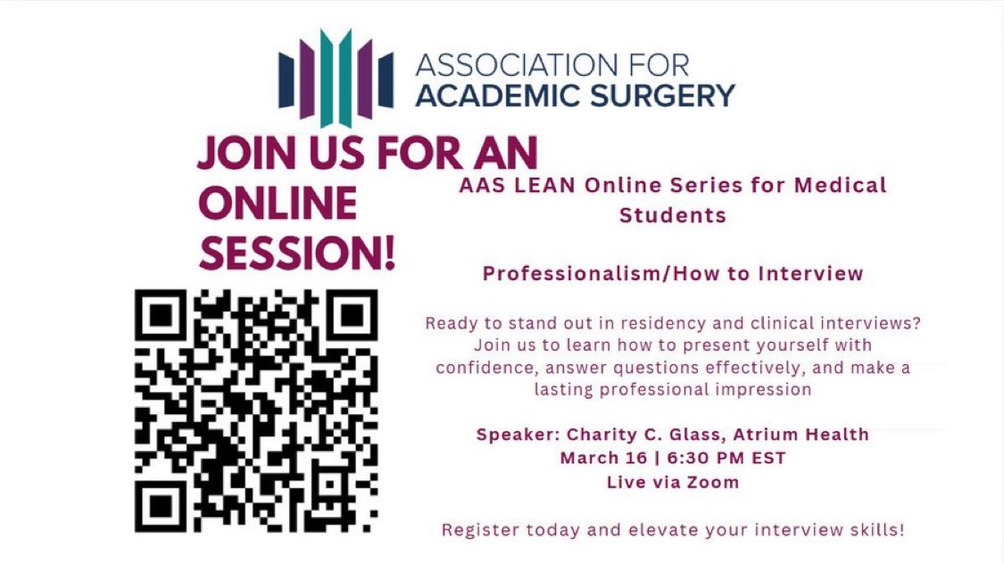 ChildersBg's tweet image. Yes! There is still time to register for
the @AcademicSurgery LEAN scholars webinar: “Professionalism &amp;amp; How to Interview for Med School”. 

Free registration via the QR code below. It’s an excellent opportunity to meet others in #premed , residents, &amp;amp; faculty. 

See you tmrw!