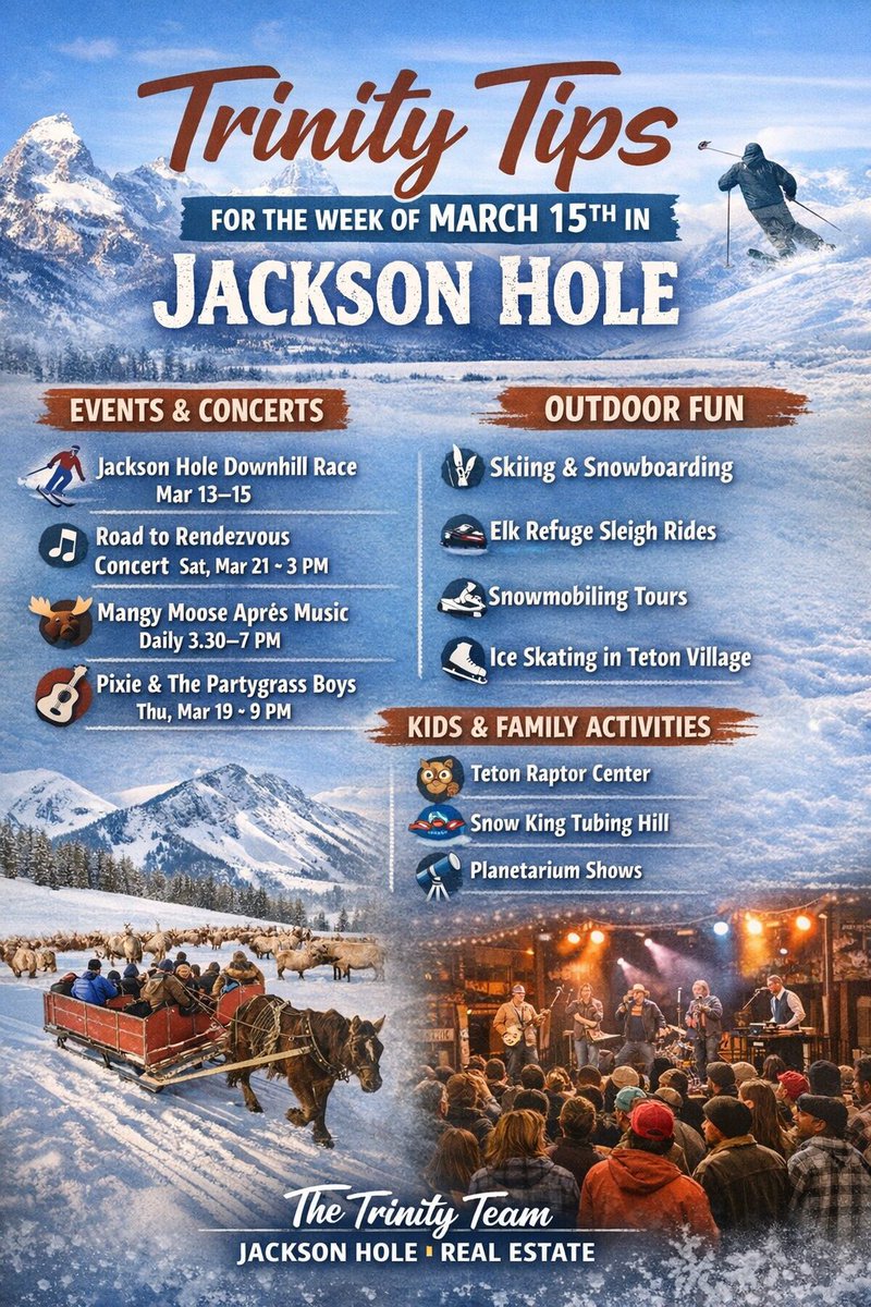 JHClancy's tweet photo. March into Jackson Hole with The Trinity Team!  March 15-21st Calendar of Events, Book Now for Rendezvous Fest! TrinityTipsJH - https://t.co/kpigAaIzjt https://t.co/lqgoj5xL4K