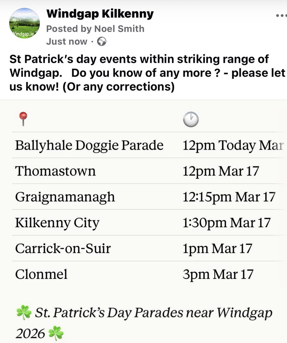 windgap_ie's tweet photo. Local St Patricks day parades. https://t.co/CxoIWVrqzO