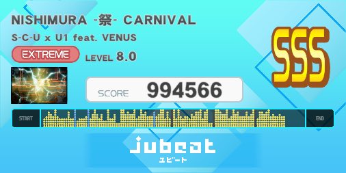 jubeat（ユビート）で「NISHIMURA -祭- CARNIVAL」をプレー！ SCORE: 994566 apps.apple.com/jp/app/jubeat-…