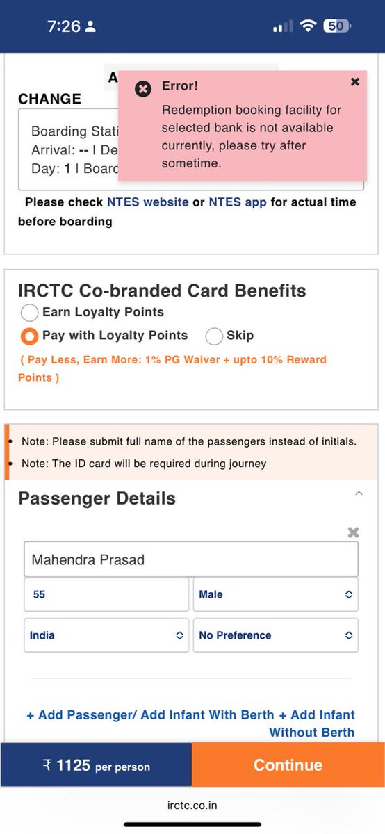 Aakash13111997's tweet photo. Extremely disappointed with @IRCTCofficial. 569 points expired prematurely today at 6:30 PM (valid till midnight). Also getting 'No privilege for redemption' error. Unable to use points to book.
User ID: aksh131997. Please resolve! @IRCTCofficial, @RailMinIndia @AshwiniVaishnaw https://t.co/l0cyYqn7cW