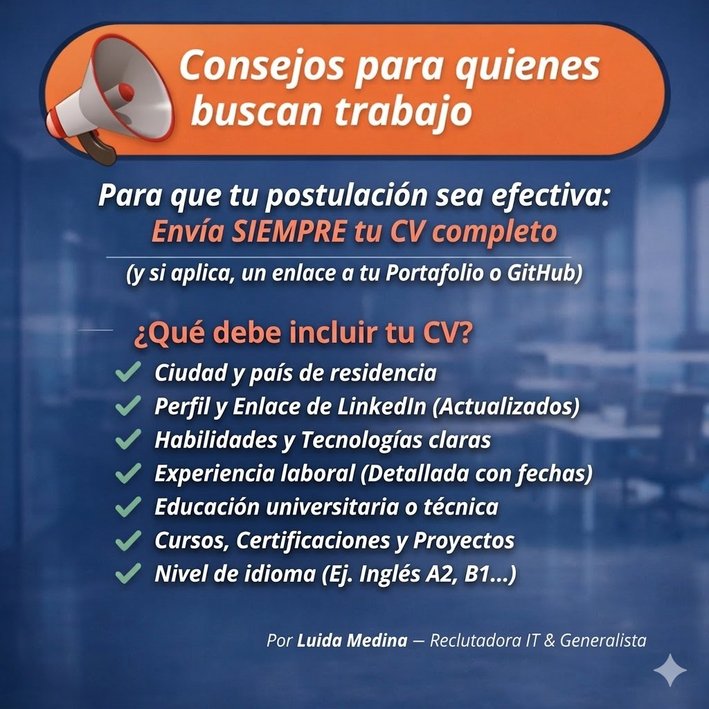 📢  Atención buscadores de empleo! Antes de enviar ese CV, asegúrate de que esté completo y listo para destacar.👇
​#CV #ConsejosDeCarrera #BúsquedaDeEmpleo #Reclutamiento #TipsDeTrabajo #EncuentraTrabajo