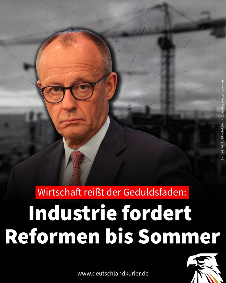Deu_Kurier's tweet photo. Wirtschaft reißt der Geduldsfaden: Industrie fordert Reformen bis Sommer

Deutschlands Industrie verliert die Geduld mit Schwarz-Rot: Der Arbeitgeberverband Gesamtmetall warnt erneut vor weiterer Deindustrialisierung, vor bis zu 150.000 gefährdeten Jobs in diesem Jahr und steigenden Sozialabgaben. Die Regierung müsse bis zum Sommer Reformen liefern.

Nach dem ausgebliebenen „Herbst der Reformen“ erhöht die deutsche Industrie den Druck auf die Bundesregierung, endlich wirtschaftspolitische Reformen umzusetzen. Oliver Zander, Hauptgeschäftsführer des Arbeitgeberverbandes Gesamtmetall, hat erneut ein klares Reformsignal gefordert und der schwarz-roten Chaos-Koalition eine Frist gesetzt: „Wir sind nicht mehr bereit, auf eine ferne Jahreszeit der Reformen zu warten“, sagte Zander der „Bild“-Zeitung. Sollten bis zum Sommer 2026 keine erkennbaren politischen Schritte folgen, werde „das Vertrauen in die Regierung deutlich bröckeln“.

Da fragt man sich allerdings, woher dieser Arbeitgebervertreter angesichts eines notorischen Lügenkanzlers überhaupt noch das „Vertrauen“ in eine Regierung nimmt, deren Programm aus XXL-Schulden, Wortbruch, absehbaren Steuererhöhungen und energiepolitischem Totalversagen besteht?