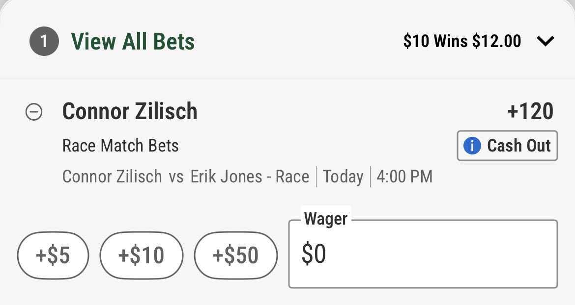 NASCARBetEdge's tweet photo. NASCAR Connor Zilisch (+120) vs Erik Jones at Caesar’s

Connor has better odds to finish top 10 at all books but one. 

Draftkings has Connor as the favorite in this matchup at -145. 

Good value here at +120! https://t.co/poQ10c0qGs