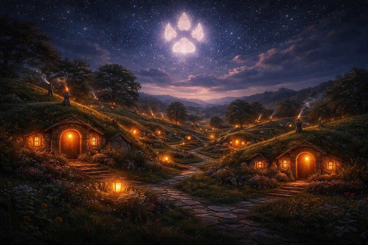 realDogenera's tweet image. Woof! In the quiet green folds of the Shire, where lanterns glow behind round doors, the prophecy awakens softly—Dogenera’s pawprint appears in the first star above Hobbiton. 🐕🌿✨🌌 #Dogenera #Dogeneration #Doge #elonmusk #prophecy #LOTR #Tolkien