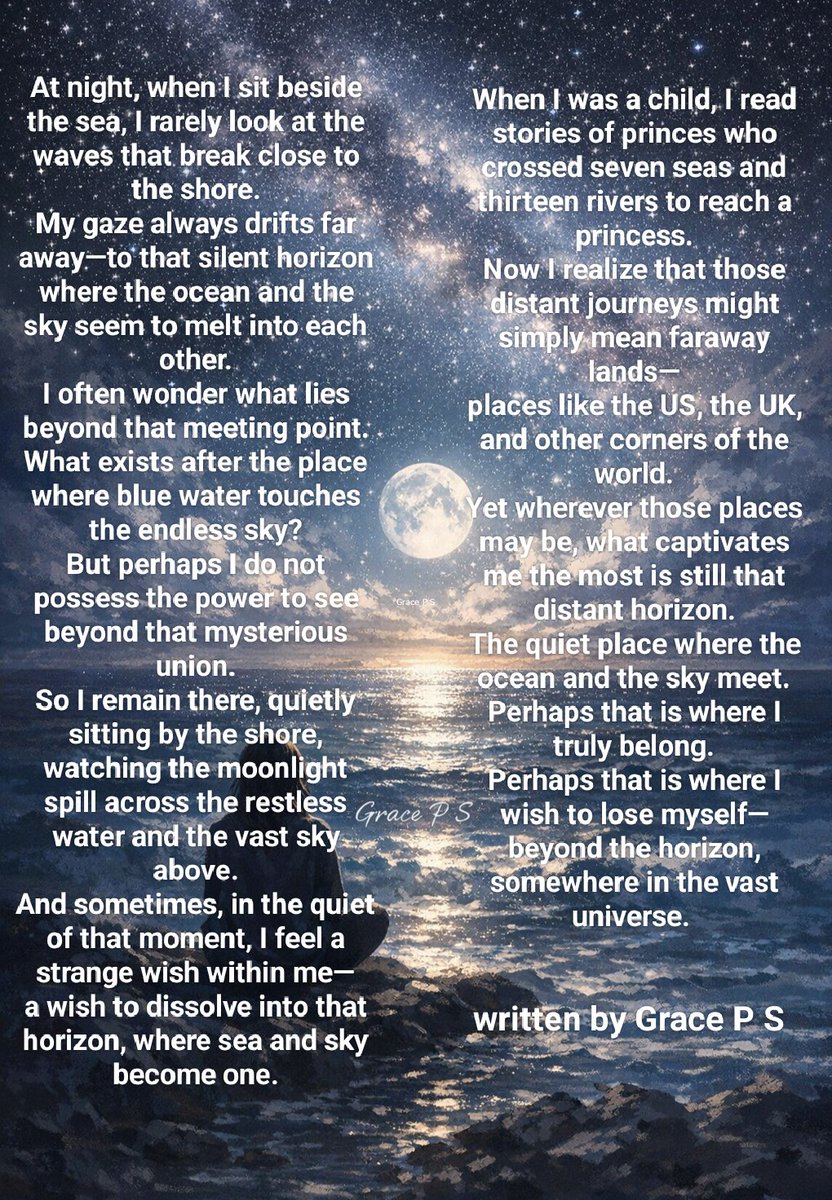 Sarkarpriya546's tweet photo. Looking beyond the horizon where the sky meets the sea.
— Grace P S #Poetry #Prose #WritersCommunity #CreativeWriting #OceanThoughts #AmWriting #IndieAuthor https://t.co/DvKOz75l2c