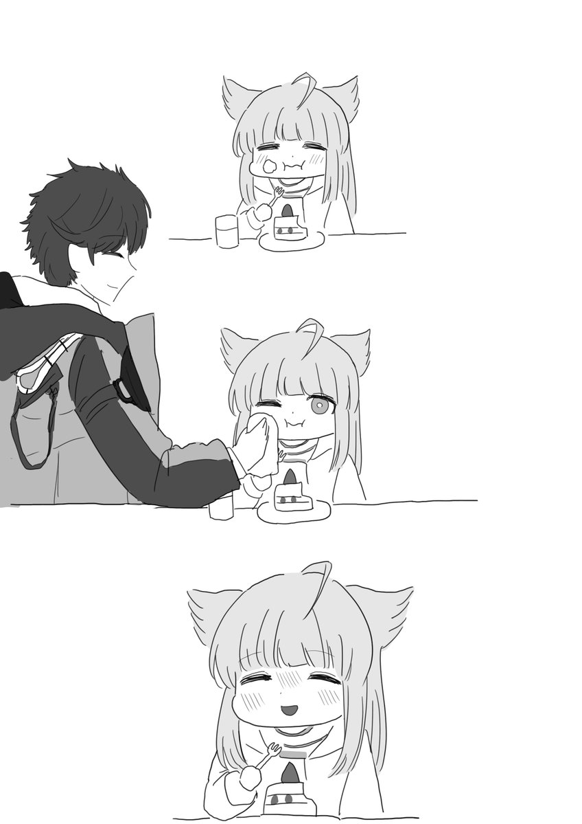 頬についたクリームを管理人に拭いてもらった子供ペリカ 