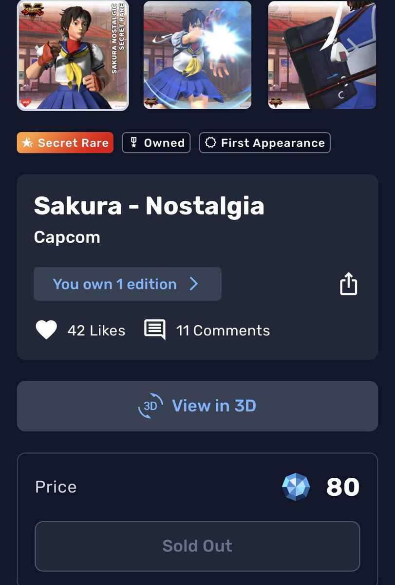 VeVeMeister's tweet photo. Sakura Kasugano with her "Nostalgia" outfit and a rather hefty price tag of $80 (!) has sold out on @veve_official (257 editions) 👀
Back in 2017 she was voted as the most popular @StreetFighter character. https://t.co/cEpxyl4krb