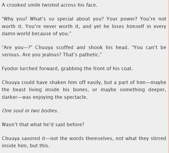 “Why you? What’s so special about you? Your power? You’re not worth it. You’re never worth it, and yet he loses himself in every damn world because of you.”

“Are you jealous? That’s pathetic.”

eyh 7/10 - spoilers below!

#skk #bsd

🔗 archiveofourown.org/works/72059126…