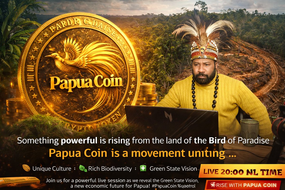 Papua_Coin's tweet photo. Something powerful is rising from the land of the Bird of Paradise.

Tonight we go LIVE – 20:00 (Dutch time).

This is a movement.
🪙 Papua Coin represents a new vision, where culture, biodiversity, and technology unite.

Papua is one of the most unique places on Earth:
🌿 One of the richest biodiversities on the planet
🪶 Ancient cultures and wisdom
🌏 A future built on sustainability

Our mission: The Green State Vision
A digital ecosystem where innovation supports:
• Cultural identity
• Environmental protection
• Community empowerment

⏰ LIVE 20:00 NL Time

The movement starts now. 🚀

#PapuaCoin #GreenStateVision #Crypto #Web3 #Blockchain #Papua #DigitalFuture