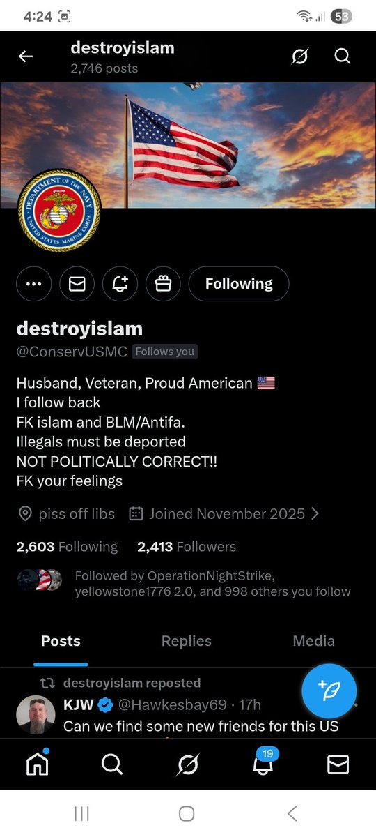 Let's help find these patriots some new connections 
<a href="/harry_the_k/">Country Cat</a> 
<a href="/ConservUSMC/">destroyislam</a> 
F&amp;R
🇺🇸