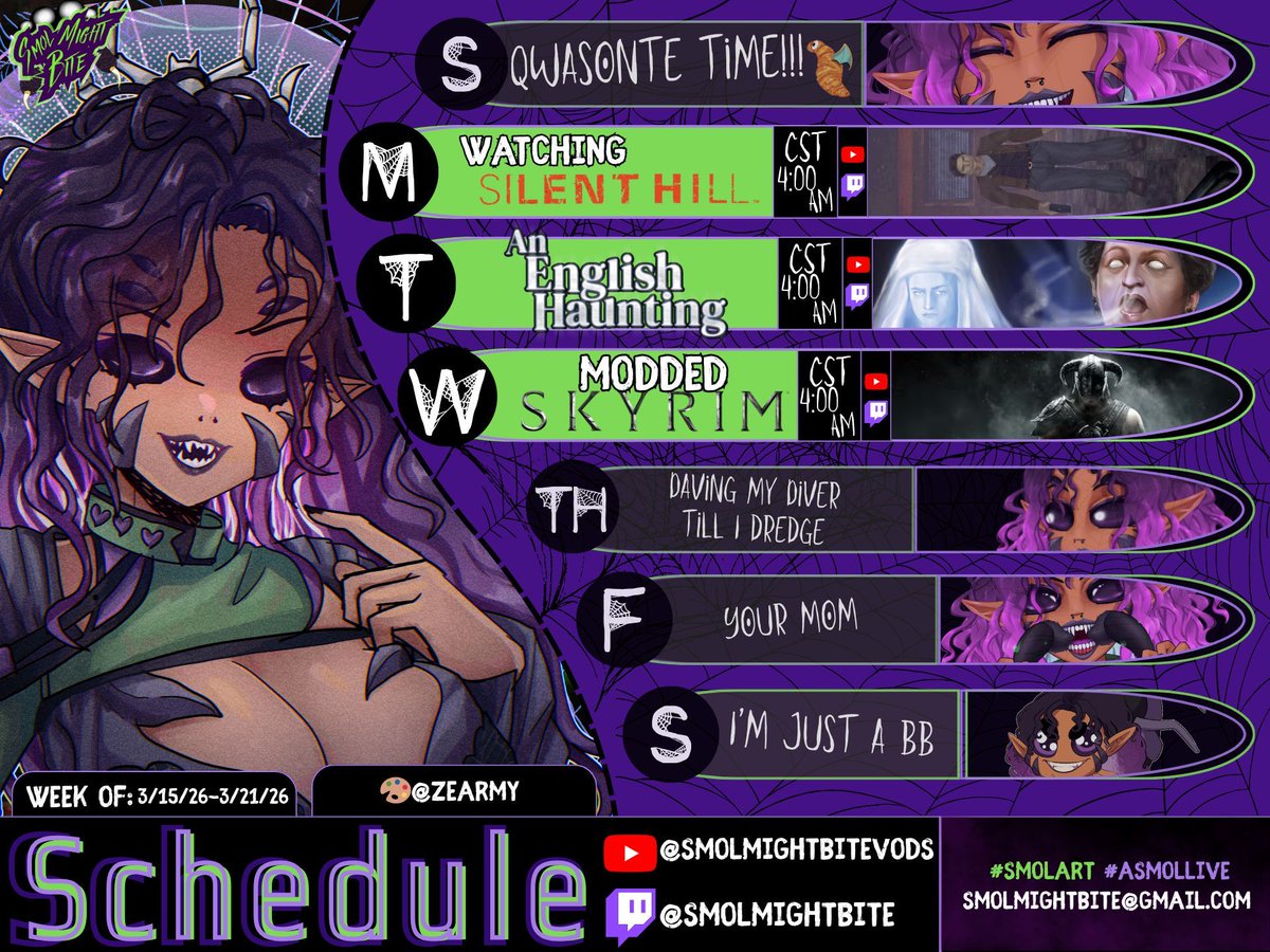 🕷️SMOL WEEKLY SCHEDULE🕷️

Spoooopy times in the cave!! OOOoooooo!!!

Hope to see ya there my Bites!!!🕷️
