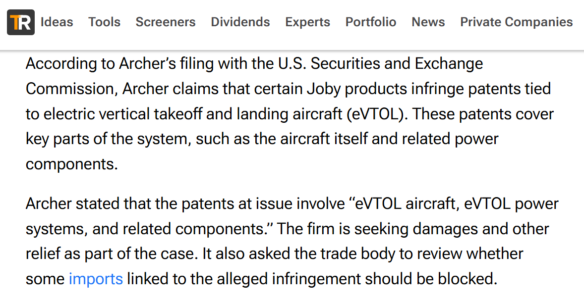archer__daily's tweet photo. ⚠️Archer escalates its dispute with Joby — the company is seeking damages and additional remedies as part of the lawsuit, and has also asked the trade commission to review whether certain imported products tied to the alleged infringement should be blocked.
March 15, @TipRanks https://t.co/NyVdICnCge