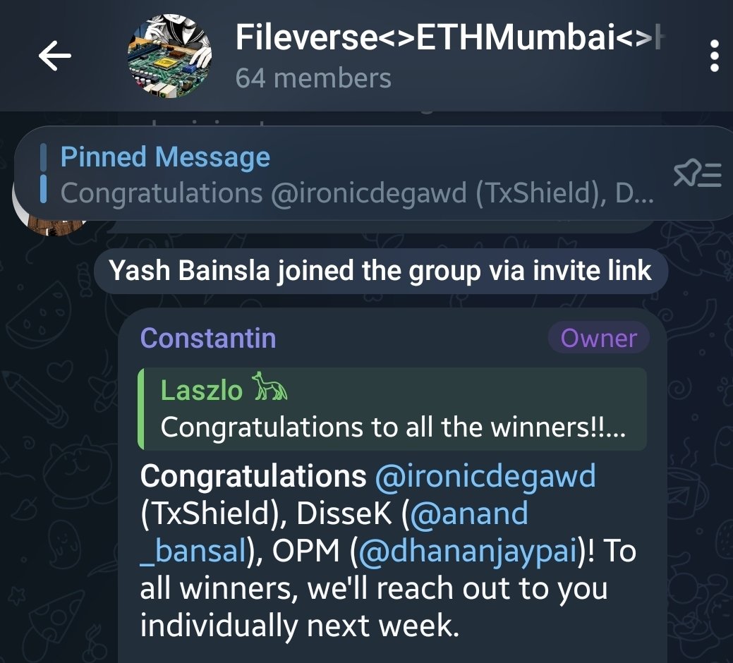 well, crazyheads take another dub at <a href="/ethmumbai/">ETHMumbai</a> , thanks <a href="/fileverse/">Fileverse</a> for the first position

what a week this has been, mumbai has been very welcoming 

vibes 📈
coastline 📈
networking  📈

see you in nov :)

cc : <a href="/pandey_vasu_/">Vasundhara Pandey</a> <a href="/smritashukla03/">Smrita</a>