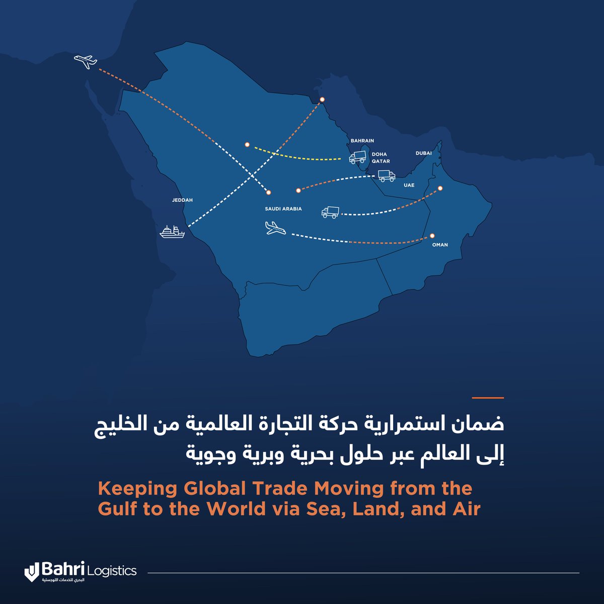 BahriLogistics's tweet photo. طورت #البحري للخدمات اللوجستية ممراً لوجستياً يربط ميناء جدة بموانئ دول مجلس التعاون الخليجي، لتعزيز الربط التجاري بين آسيا ودول الخليج وأوروبا.
وبالاعتماد على تكامل النقل البحري والبري والجوي، إلى جانب أسطول السفن ومنظومة النقل البري وخدمات التخليص الجمركي، تقدم البحري للخدمات اللوجستية مسارات تضمن سرعة الإنجاز وكفاءة التكلفة.

Bahri Logistics has developed a multimodal logistics corridor linking Jeddah and GCC ports, connecting global trade flows between Asia, the GCC, and Europe. By integrating sea, land, and air transportation, and leveraging our vessel fleet, trucking network, and in-house customs capabilities, we provide reliable routes while maintaining competitive transit times and cost efficiency.