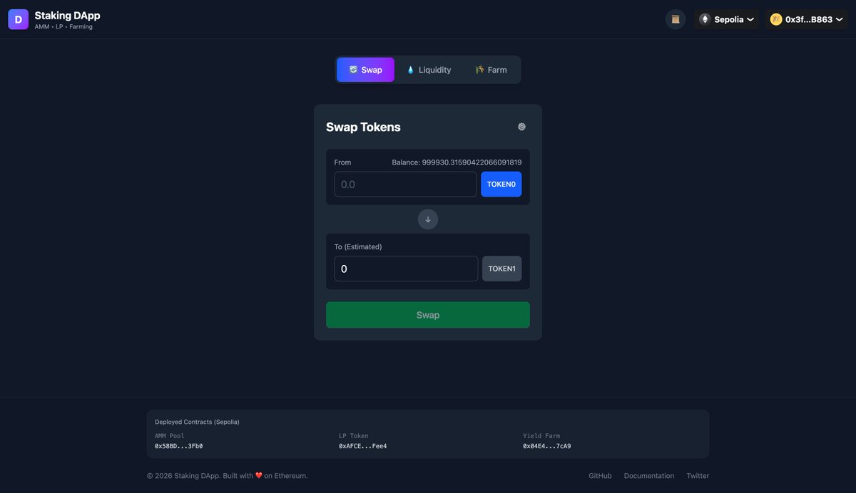 yayaOnChain's tweet photo. Just built a modern DeFi DApp! 🚀

Swap, add liquidity, and stake LP tokens for yield farming rewards.

Smooth Web3 UX with React 19, TS, Tailwind, wagmi &amp; viem on Ethereum.

#DeFi #Web3 #Ethereum #React #BuildInPublic https://t.co/tIvBITBTDW