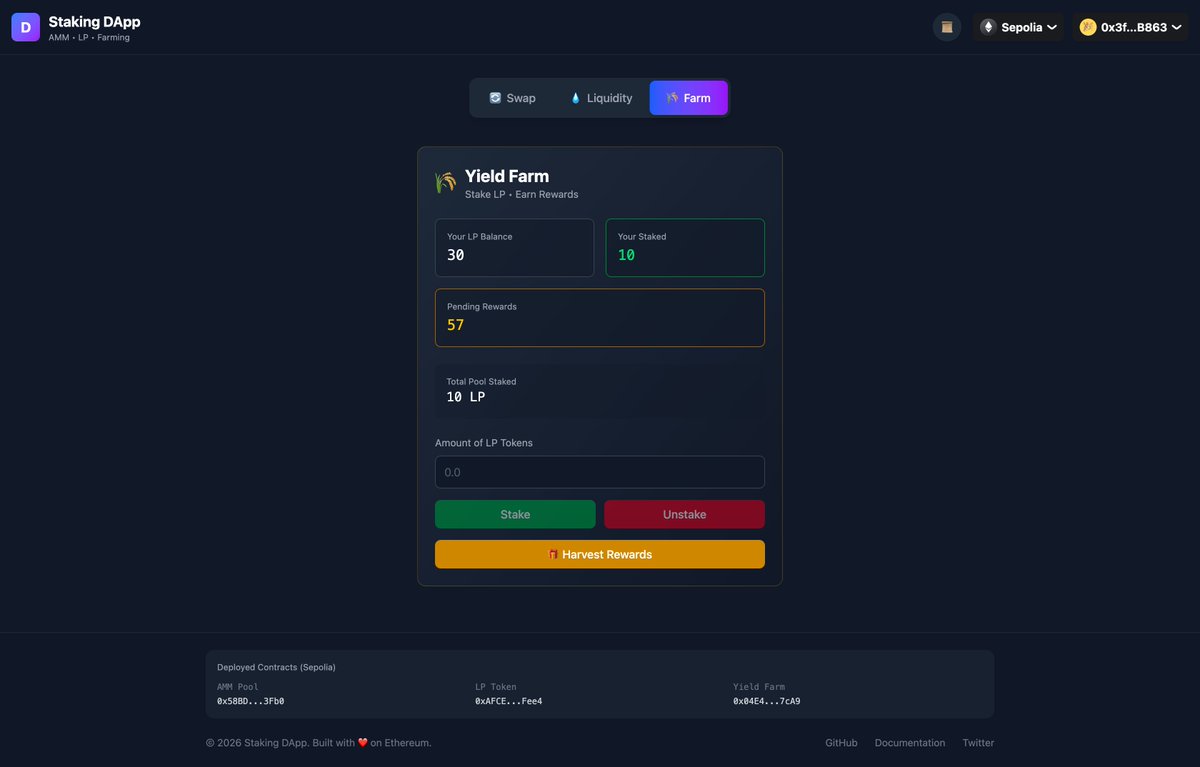 yayaOnChain's tweet photo. Just built a modern DeFi DApp! 🚀

Swap, add liquidity, and stake LP tokens for yield farming rewards.

Smooth Web3 UX with React 19, TS, Tailwind, wagmi &amp; viem on Ethereum.

#DeFi #Web3 #Ethereum #React #BuildInPublic https://t.co/tIvBITBTDW