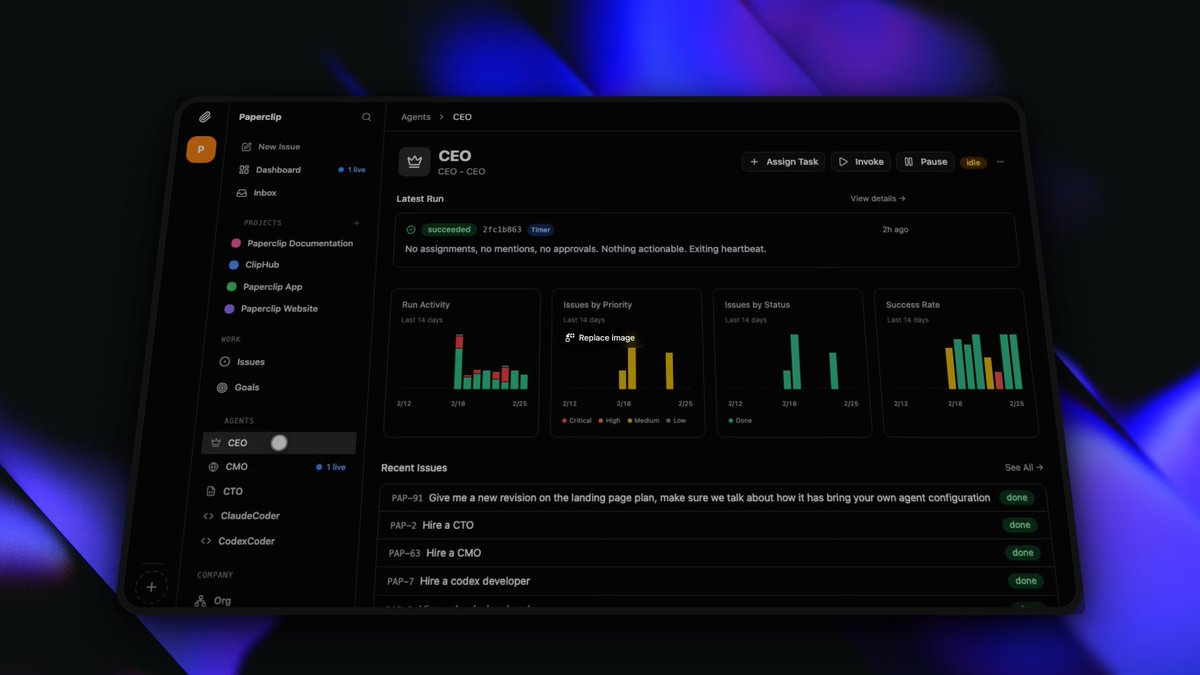 You won't believe this!

I found open-source project that is better than all of OpenClaw mission control.

Introducing: PaperClip

> Hire AI agents like real employees
> Build org charts with roles &amp; hierarchy
> Set goals. agents stay on mission
> Track budgets to avoid crazy