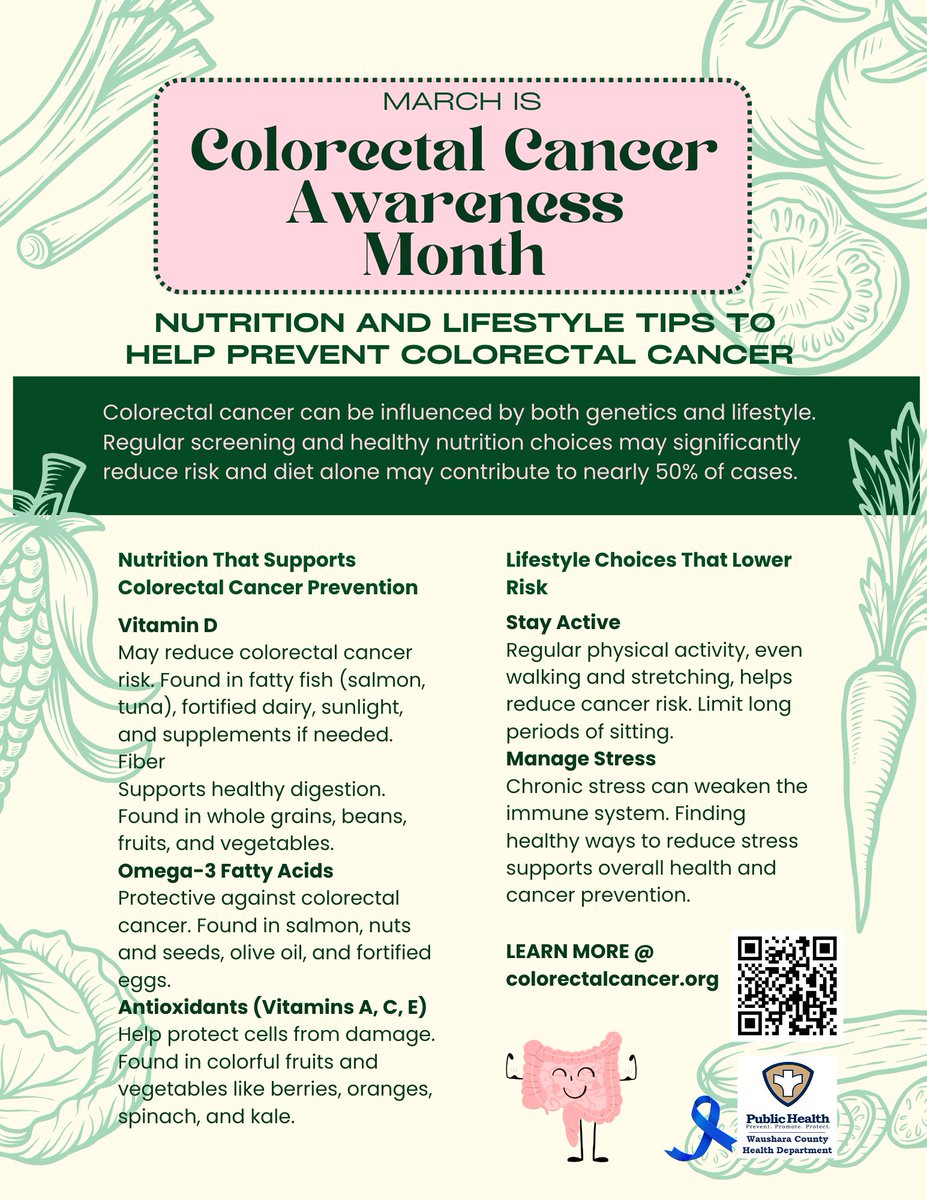 WausharaHealth's tweet photo. Nutrition and Lifestyle tips - To help prevent colorectal cancer.
Learn more at: https://t.co/uMeWfINHrk https://t.co/2QiFzkHSxs