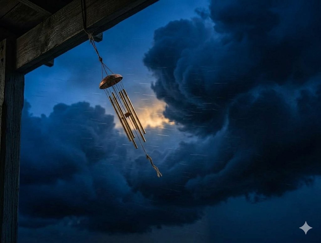 SynisterReaper's tweet photo. We built this house to stand, but the walls are a sieve for the roar. The only thing left is the fragile, high-pitched answer from the porch. One small windchime in a hurricane, screaming its thin song back at the dark, until it is the only solid thing left.

#FoxProse @FoxProse 
#vss #WritingCommunity