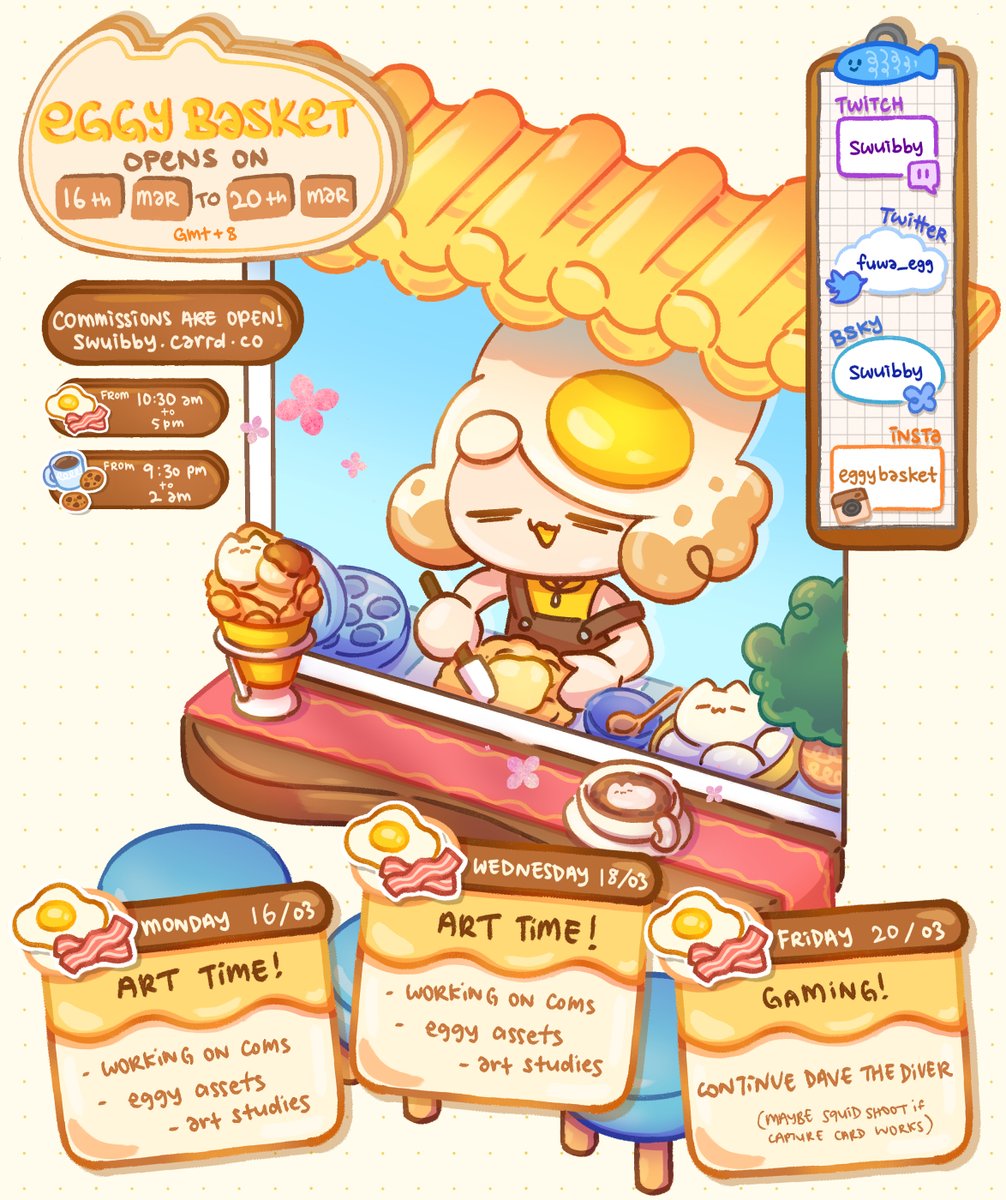 🌻Eggy Schedule [ 16/03 - 20/03 ] gmt+8🍳
Hello Egglets here are the opening hours for a new week~  We will be doing the same things as planned as last week 💛

 ☕️ twitch.tv/swuibby 🥐

#Swuibbysideup #envtuber #sgvtuber