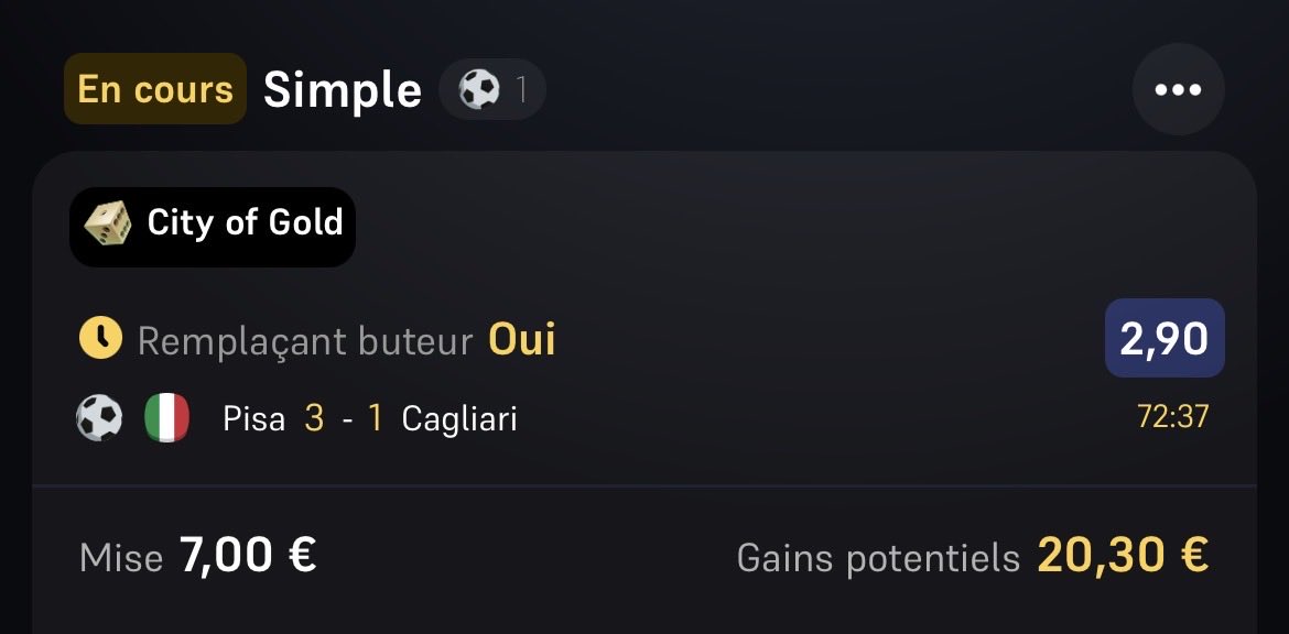 On a au moins le remplaçant sur Pise/Cagliari

⚽️ Remplaçant 2,90 ⚽️✅