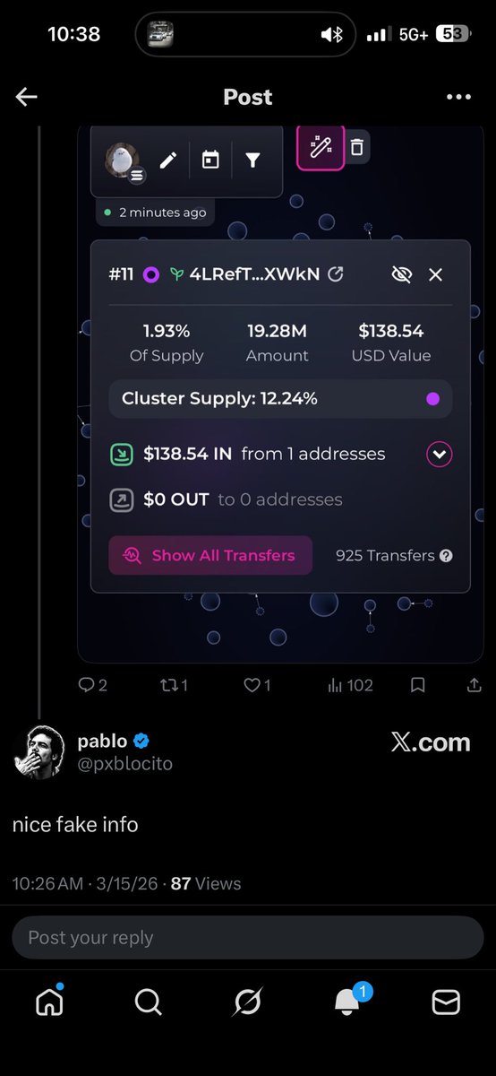 Cryptosmoker_'s tweet photo. Funny how it’s fake info but he blocked me.  It’s there for everyone to look at on whatever platform you trade on. These guys make you Pennie’s and they get rich off the shit and act like they did you a service. Fuck kols like this https://t.co/C0nxpXBakw