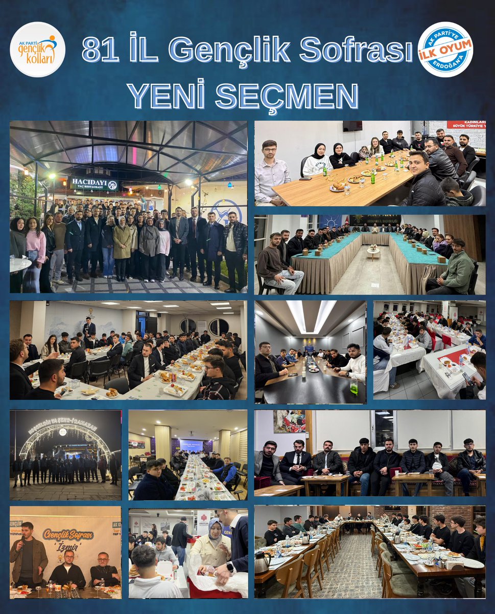 Gençlik Sofrası 
“Yeni Seçmen”
81 İlimizde eş zamanlı olarak gerçekleştirdiğimiz Yeni Seçmen Gençlik Sofrasında binlerce ilk defa oy kullanacak arkadaşlarımızla bir araya gelerek ramazan ayının bereketini paylaştık☺️