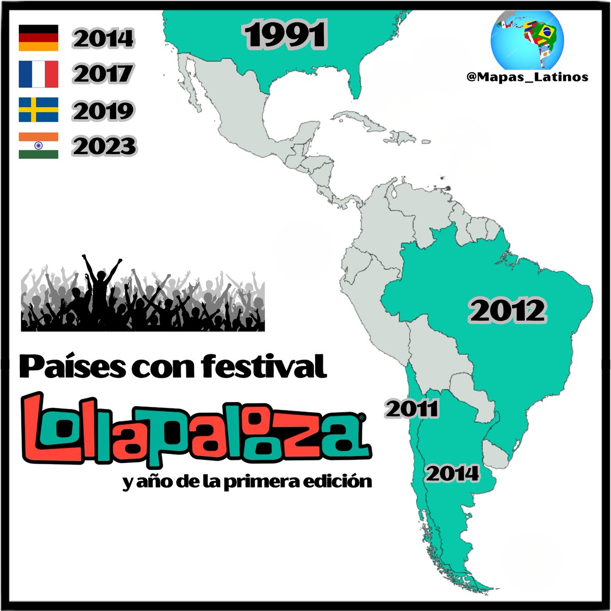 Mapas_Latinos's tweet photo. Países con festival LOLLAPALOOZA 🎸 https://t.co/lFFJPusjCQ
