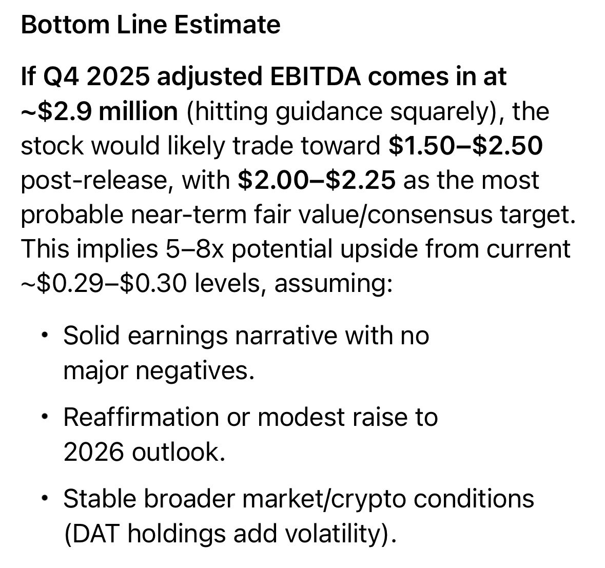 I asked Grok, if Gamesquare <a href="/GSQHoldings/">GameSquare Holdings Inc.</a> is in profitability and achieves the targeted adjusted EBITDA of $2.9 million for Q4, what will be the stock price for $GAME