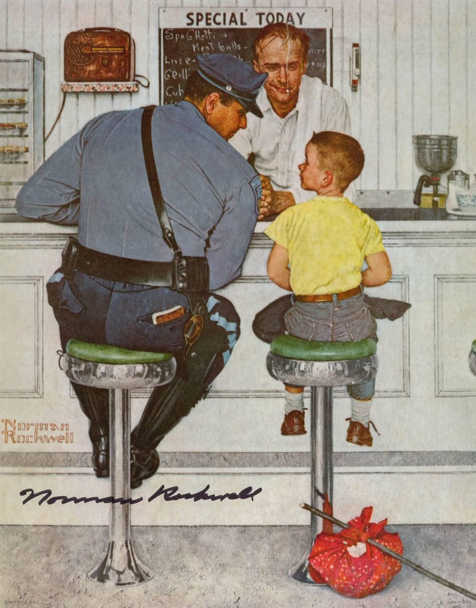 The Runaway (1958) de Norman Rockwell fue la portada del Saturday Evening Post del 20 de septiembre.

Un policía amigable sentado al lado de un niño fugitivo en un pequeño restaurante del sendero golpeado. Rockwell capturó una escena auténtica al mirar los detalles, como la vieja