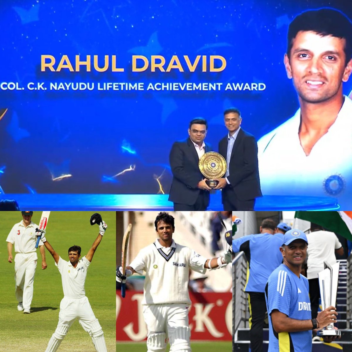 𝗥𝗮𝗵𝘂𝗹 𝗗𝗿𝗮𝘃𝗶𝗱  Received "The Colonel CK Nayudu Lifetime Achievement Award" 🐐

1998 - Arjuna Award 
2004 - Padmashri
2013 - Padma Bhusan 
2004 - ICC Cricketer of the Year
2004 - ICC Test Cricketer of the Year
2006 - ICC Test Team Captain 
2018 - ICC Hall of Fame
2018 -