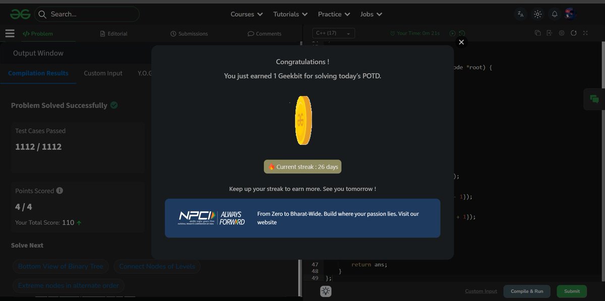 ChikuX22's tweet photo. Day 26 of 60 Days POTD Challenge Powered By NPCI(GFG)

#geekstreak60 #npci
@geeksforgeeks @NPCI_NPCI https://t.co/gzMxK8urqM