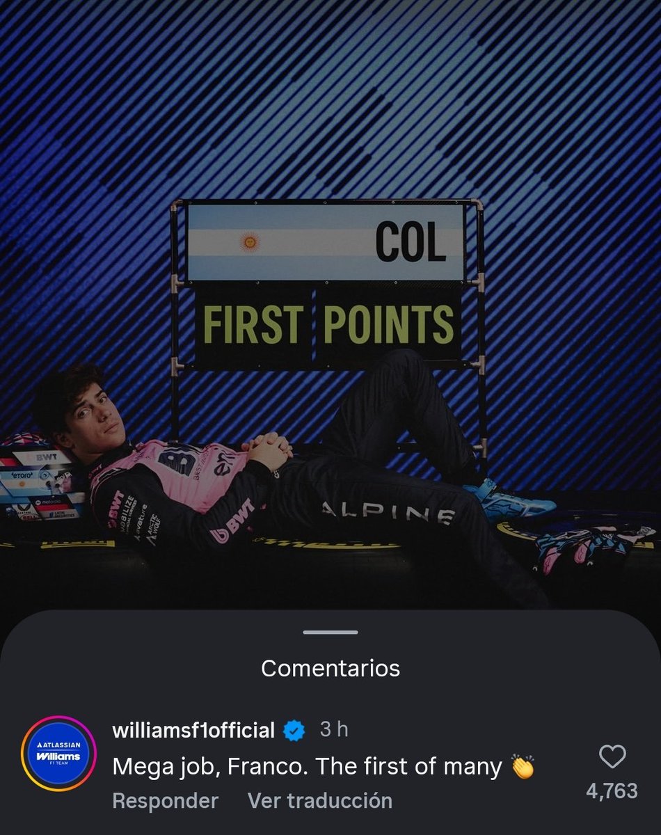 dailycolapinto's tweet photo. 💬 | El comentario de Williams en el post de Alpine! 

“Gran trabajo, Franco. El primero de muchos 👏” https://t.co/lpviDOURN9
