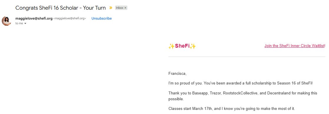 FranciscaPrem's tweet photo. ✨ A Birthday Gift Called Destiny
I officially became a SheFi Scholar for Season 16.
It started with one word: "Crypto."
That curiosity led me into Web3 in March 2025. I learned. I connected. I explored.

Then I found @shefiorg  @maggielove_  revolutionary movement empowering women to reinvent their careers in Web3. I felt seen. I felt belonging.

I applied for the fully-funded scholarship. Poured intention into every word.

1.5 weeks later, acceptance letter arrived.

I'm officially in. My journey begins March 17th. My birthday.

This isn't coincidence. It's destiny.

Why this matters:
Learning Crypto, DeFi, and AI to take bigger swings. Grateful to BaseApp, Trezor, Rootstock Collective, and Decentraland.

To everyone reading:
Deepest gratitude to SheFi and Maggie Love for building something revolutionary. If you're in Web3, AI, or the future, let's connect. I'll share my journey, wins, and fails. 🚀

Here's to building the future we want.

#SheFi #SheFiScholar #Web3 #DeFi #WomenInWeb3 #WomenInCrypto