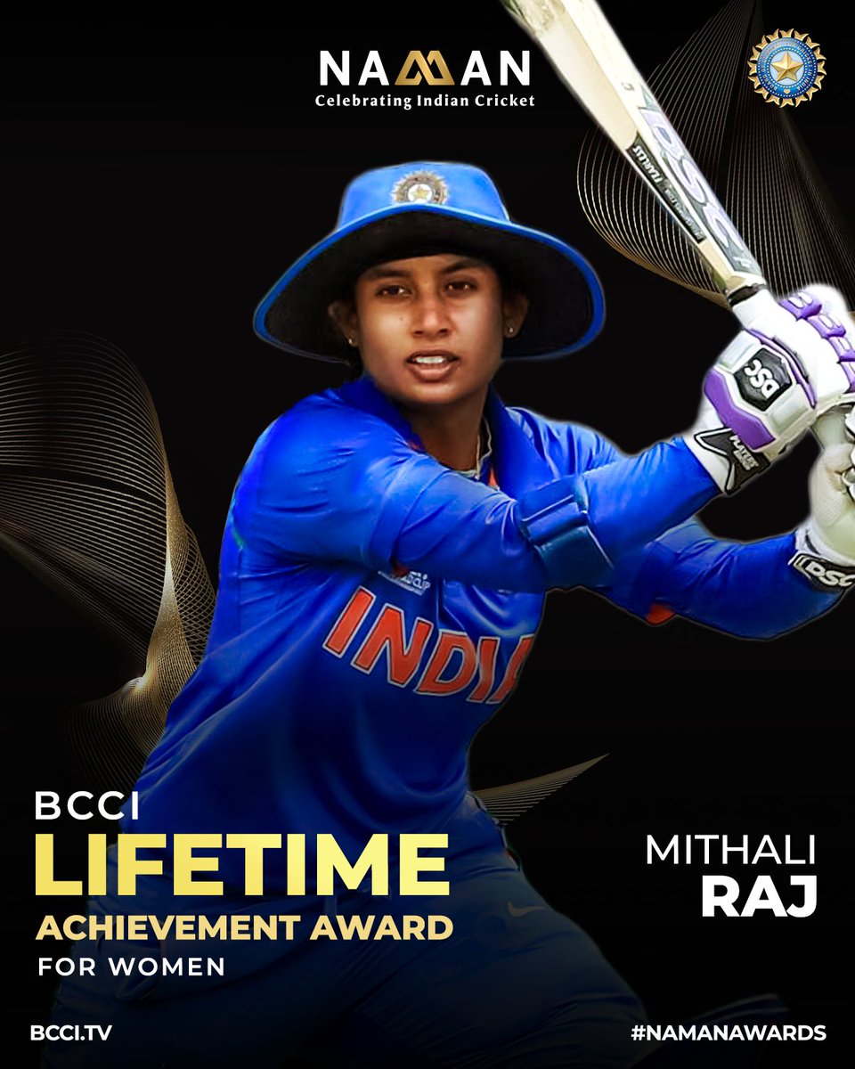 A trailblazer in women’s cricket and an icon of the game ✨

Her remarkable journey has inspired generations and elevated Indian women’s cricket to new heights 🇮🇳

Congratulations to #TeamIndia great Mithali Raj on being honoured with the 𝗕𝗖𝗖𝗜 𝗟𝗶𝗳𝗲 𝗧𝗶𝗺𝗲