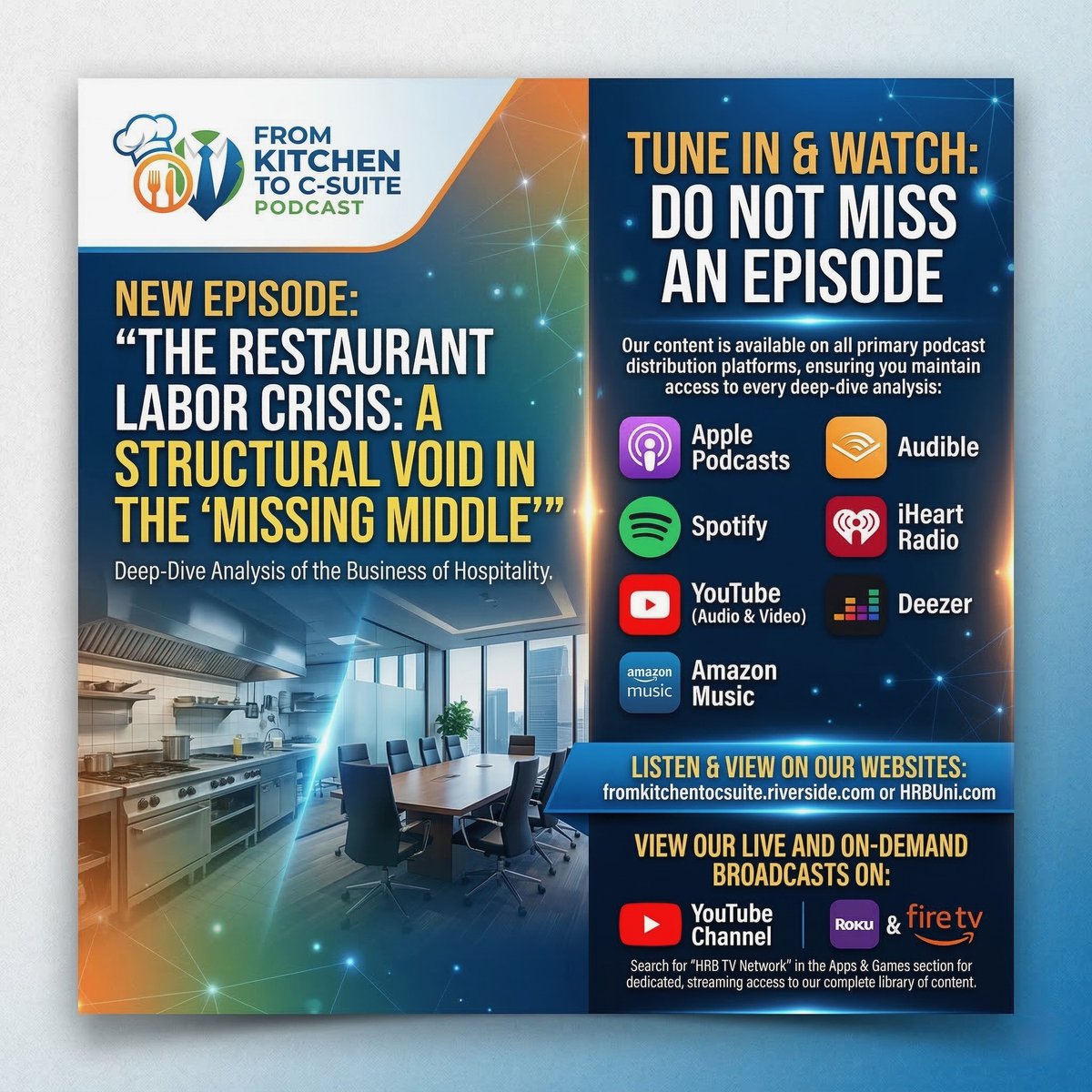 WatchHRBTv's tweet photo. 🎙️ New Episode: The "Missing Middle" Crisis

Bottom line: The "labor shortage" is deeper than you think.

🎧 Listen/Watch Now:
Available on Apple, Spotify, &amp; YouTube. Or stream on Roku/Fire TV via "HRB TV Network."

#FromKitchenToCSuite  #RestaurantManagement #FutureOfWork https://t.co/zlWzXlDUSQ