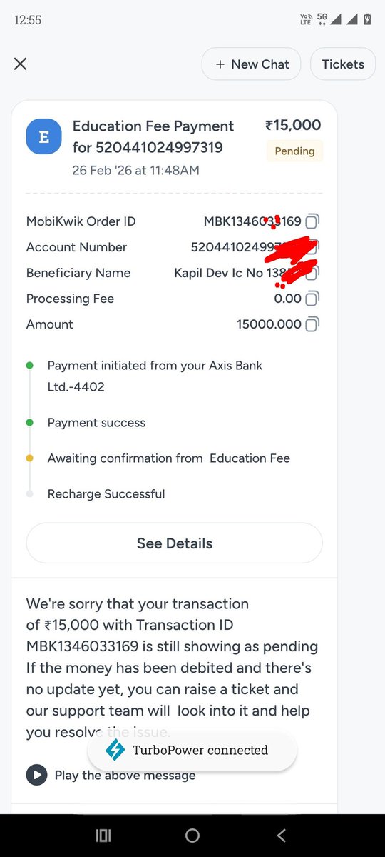 KapilMu05278331's tweet photo. @MobiKwikSWAT Merchants did not receive education fee of Rs 15000. It was not returned to our account on 26th February 2026. https://t.co/Mnom5NqZdO