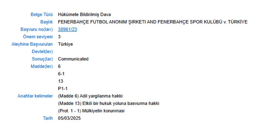 Fenerbahçe Spor Kulübü, 1959 Öncesi Şampiyonlukların Tescili başvurusunun TFF tarafından reddedilmesinin ardından Avrupa İnsan Hakları Mahkemesine başvurmuştu. Geçtiğimiz günlerde <a href="/ahmetkonanc/">Ahmet Konanç</a> ‘ın da bildirdiği üzere olumlu gelişmeler yaşanacak gibi duruyor. 

Haklı mücadelemize