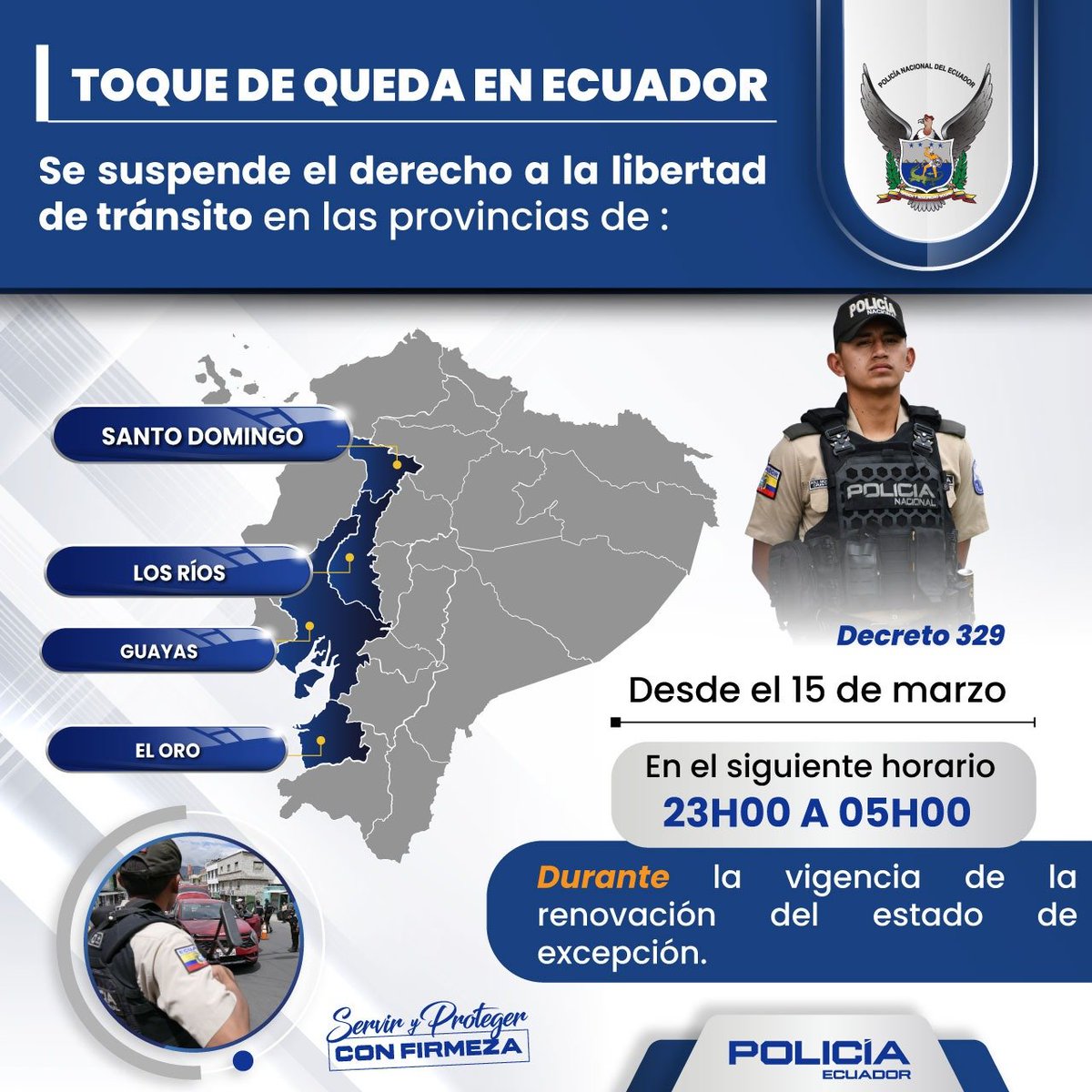 🚨 TOQUE DE QUEDA PARA FORTALECER LA SEGURIDAD CIUDADANA

La #PolicíaEcuador, en coordinación con las instituciones del Estado, ejecutará operativos de control en las provincias de #SDTsáchilas, #LosRíos, #Guayas y #ElOro, con el objetivo de garantizar el cumplimiento del