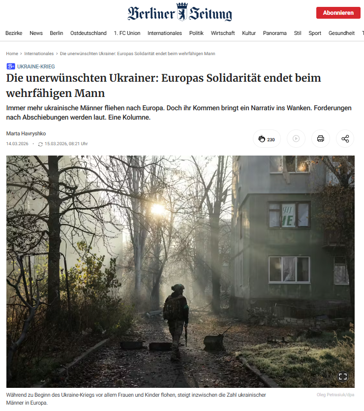 My new column looks at how Ukrainian men fleeing forced mobilization to Europe are gradually turning into outcasts there — simply because they disrupt the political consensus of Western elites and Zelensky's government about the war in Ukraine.

The rhetoric toward them is