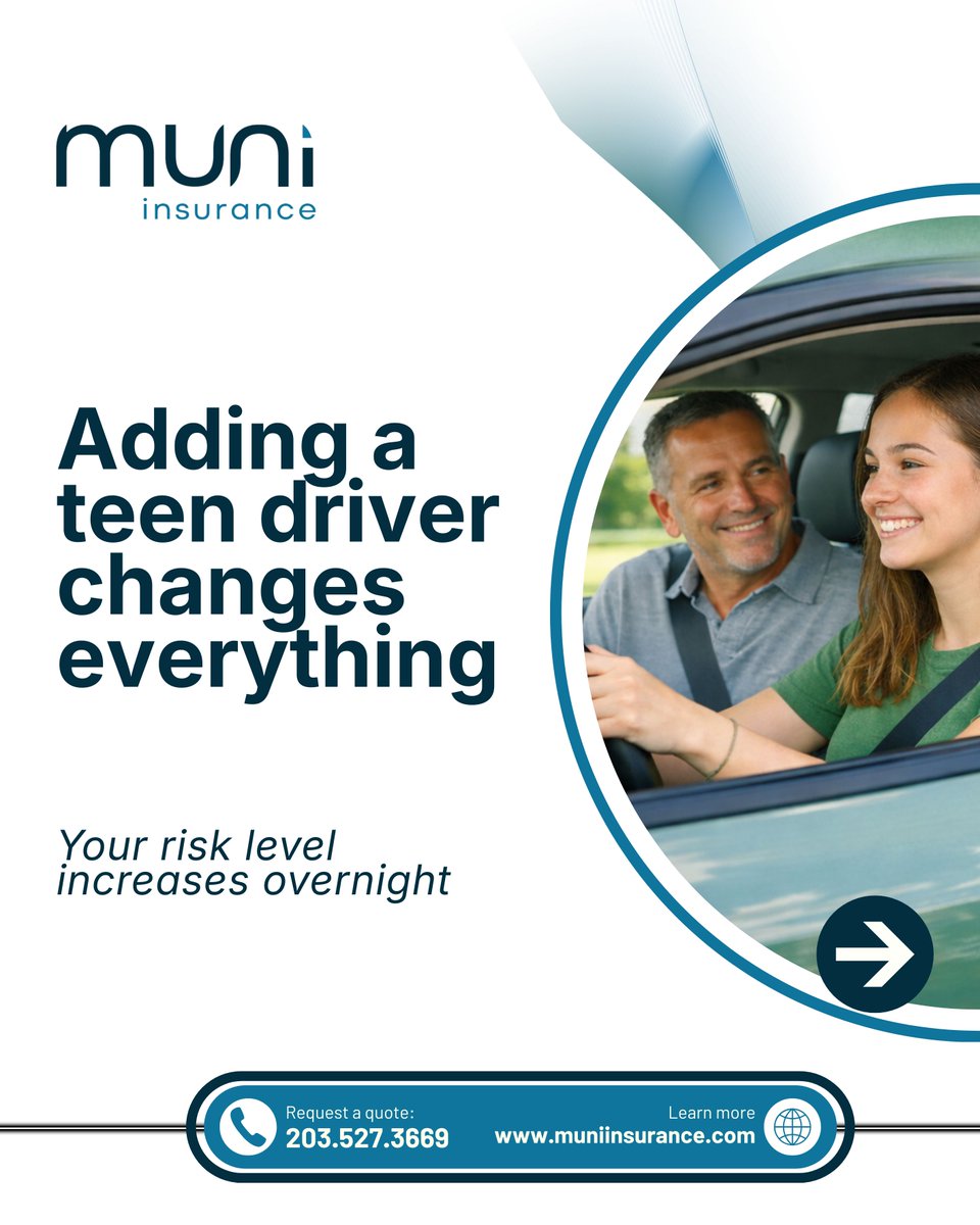 Muniinsurance's tweet image. Adding a teen driver to your policy changes the risk overnight.Inexperience means slower reactions and higher accident rates,and the liability limits that worked before may not be enough now. Visit muniinsurance.com to review your policy. #muniinsurance #teendrivers